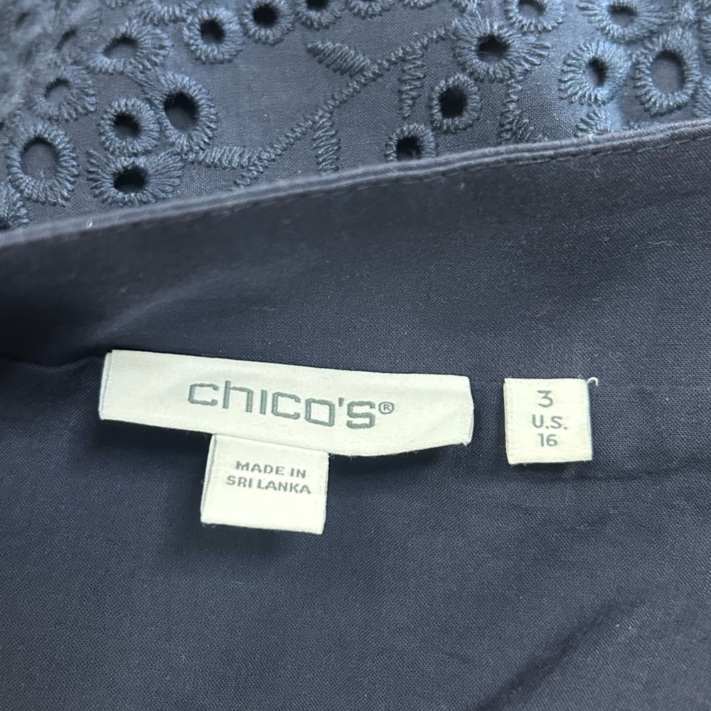 Chico's Navy Eyelet V-Neck Tiered Midi Dress - Picture 12 of 15